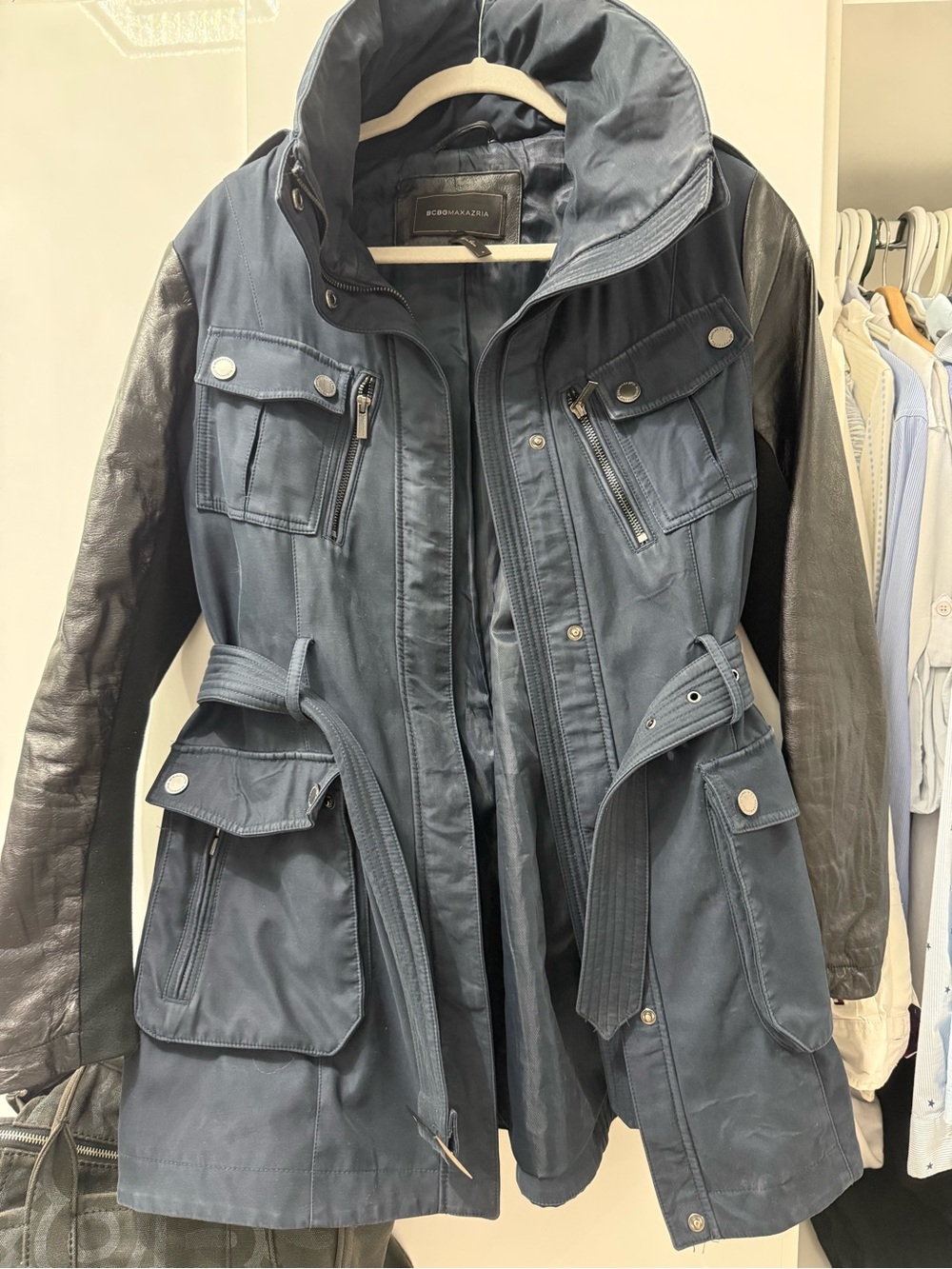 BCBG Navy Contrast-Sleeve Utility Jacket